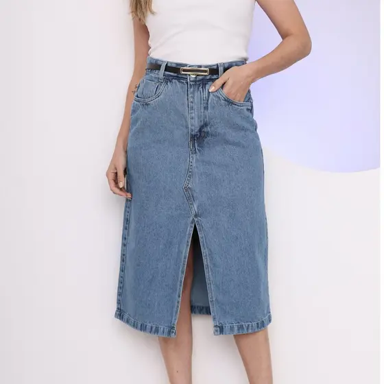 Saia jeans midi com fenda acompanha cinto feminino novo