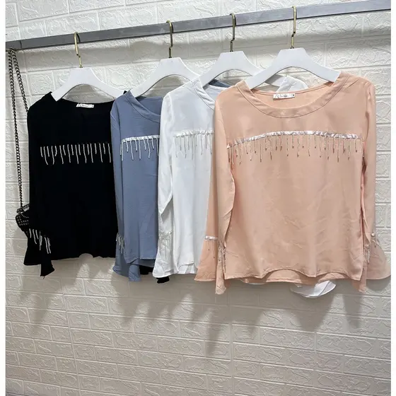 Camisa Feminina Manga Longa Importado manga flare detalhe miçangas Primavera e outono sd2189