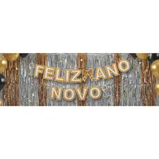 Faixa Varal de Letras Feliz Ano Novo Branco com Dourado 3 Metros- Decoração De Festa Ano Novo
