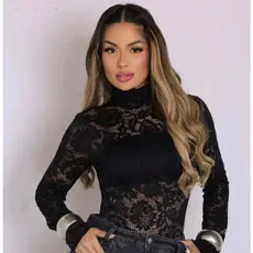 Body Feminino Renda Manga Longa Gola Alta Elegante Tule Transparente Festa Moda Blogueira