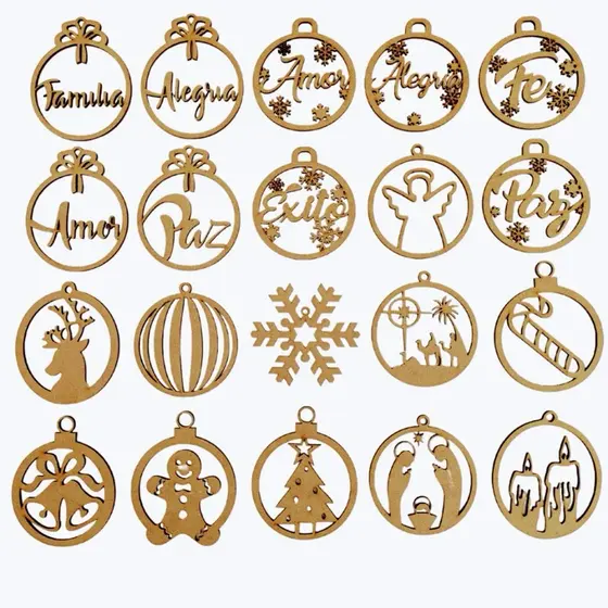 Kit 15 Enfeites de Natal em MDF 3mm - Bolas e Recortes Aleatórios para Decoração de Árvore Premium