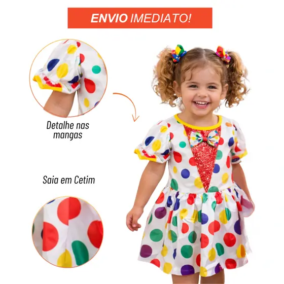 Fantasia Palhacinha Infantil com Saia e Manga em Cetim Festa Tema Circo Feminina