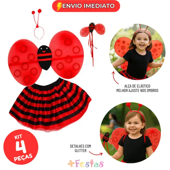 Acessórios Fantasia Infantil Joaninha Carnaval Asa Varinha Tiara Saia Cosplay Festa