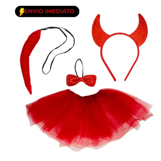 Kit Fantasia Diabinha Cosplay Capetinha Saia Vermelha Acessórios Tiara Rabinho Gravata