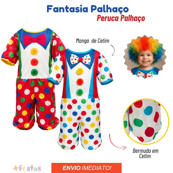 Fantasia Palhacinho Infantil Festa Circo Menino Macacão com Detalhes em Cetim Peruca Palhaço