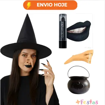 Fantasia de Bruxa Halloween Nariz Látex Batom Preto Caldeirão Cosplay Maquiagem Artística Festa