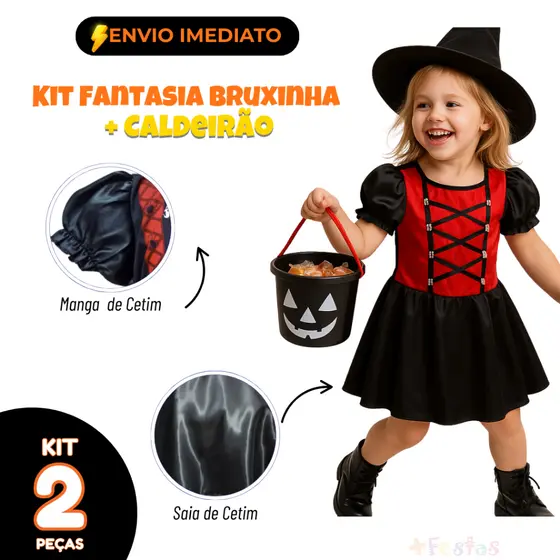 Kit Fantasia Bruxinha Vermelha Halloween com Balde Cestinho Doces ou Travessuras