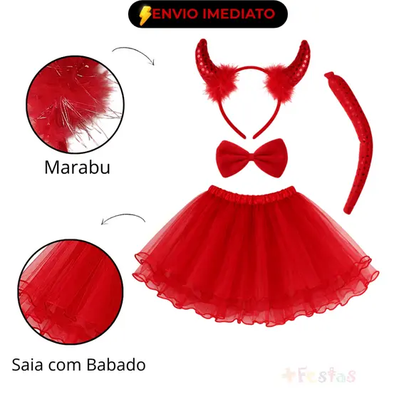 Acessórios Fantasia Diabinha Saia Arco Tiara Gravata Rabinho Festa Cosplay Monte Seu Kit