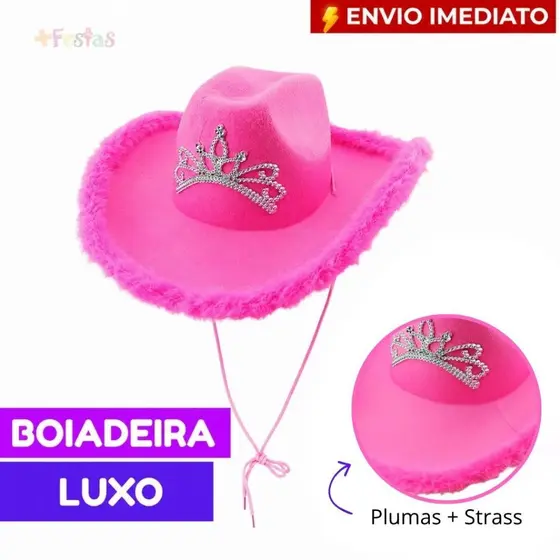 Chapéu Cowboy Rosa Modelo Luxo com Plumas e Paetê Festa Boiadeira Vaqueira