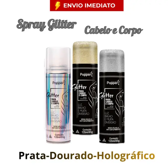 Kit 2 Spray De Glitter Cabelo Corpo e Roupa Popper 135ml Dourado Prata e Holográfico Profissional