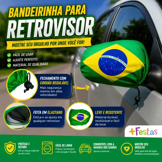 Capa Retrovisor Carro com Bandeira Brasil Ajustável Alta Qualidade Copa do Mundo - Kit até 6 Pares