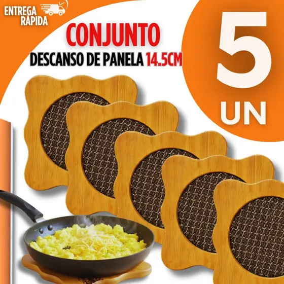 Conjunto Jogo 5 Descanso de Panela Bambu Casa Cozinha Jantar Premium Prático, Protege a Mesa Quente