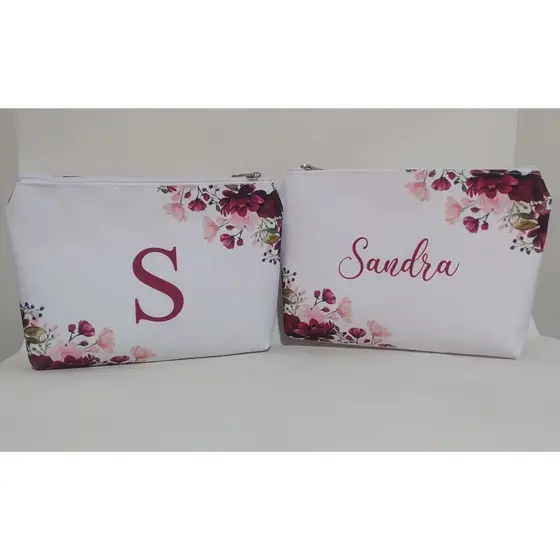 Necessaire bolsinha lembrancinha com nome e inicial do nome floral marsala e rosa personalizada