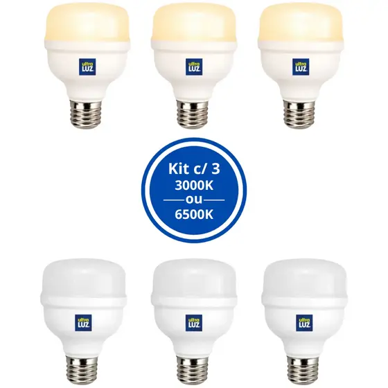 Kit 3 Lâmpadas LED Bulbo 20W E27 Bivolt Ultraluz Branco Frio ou Amarelo