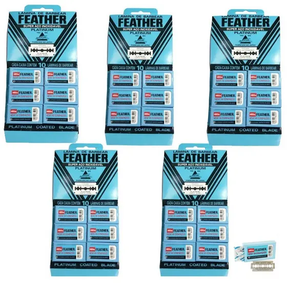 5 Cartelas Lâminas Para Barbear Feather Platinum Aço Inoxidável Com 60un Cada