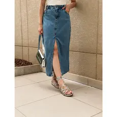 Saia jeans cintura alta Fenda no meio, casual, elegante, simples e elegante, sem lycra, comprimento 90 cm