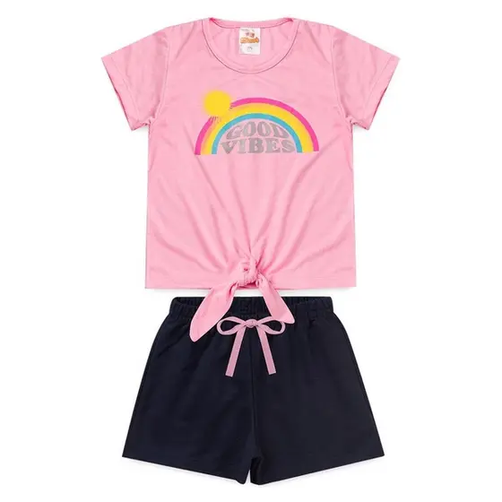 Conjunto Infantil Feminino Good Vibes Bermuda Moletinho Tam1 ao 8 anos.