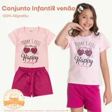 Conjunto Infantil Feminino menina verão Silk Gatinha Happy camiseta e Bermuda Tam 1 ao 14 anos