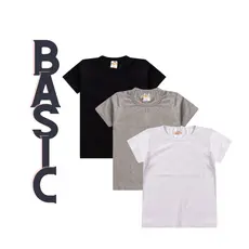 Kit 3 Camiseta Básica Infantil Unissex escolar Tam 1 ao 14 anos.