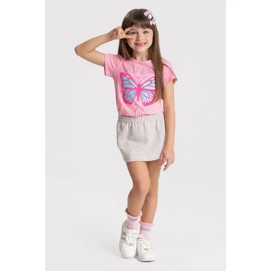 Conjunto Infantil Feminino Verão Angel Borboleta Saia Tam 2 ao 14 anos