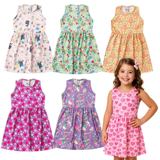 Kit 2 vestidos sortidos estampados em suplex tam 2 ao 14