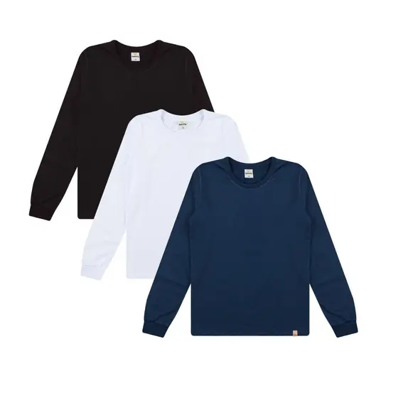 Kit 3 Camiseta Basica Masculina Manga comprida Infantil Tam 4 ao 16 anos.