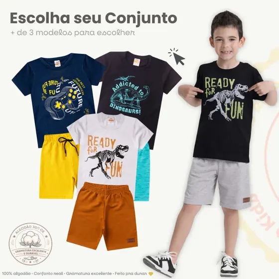 Conjunto Infantil Masculino Verão Camiseta + Bermuda Roupa Criança Estampado Barato Tamanho 1 ao 14 anos.