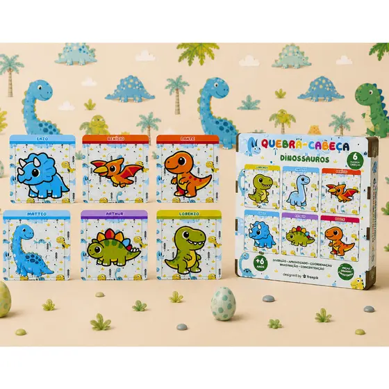 Kit Quebra-Cabeça Educativo Infantil Dino Baby MDF 6 Peças - Brinquedo Pedagógico/ Coordenação Motora