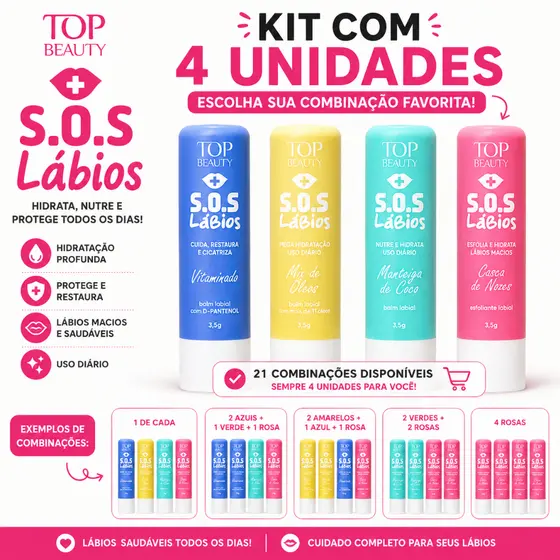 Kit com 4 Lip Balm - Mix Óleos - Manteiga Coco - Esfoliante Labial Casca Nozes - D-Pantenol