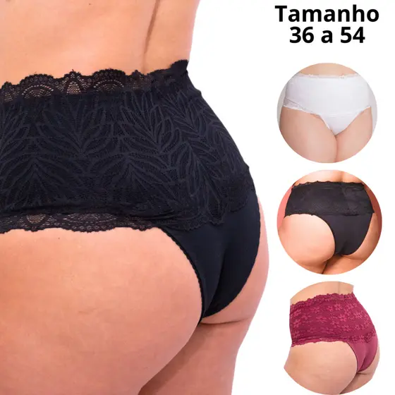 KIT 3 CALCINHA CINTA RENDA COTTOM CALCINHA ALTA COMPRESSÃO PLUS SIZE MODELADORA - Lafar