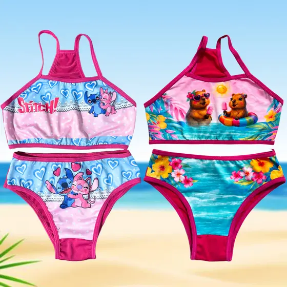 Kit 2 Conjunto Biquíni Infantil Moda Praia Sublimado Calcinha e Top desenhos presente menina natal