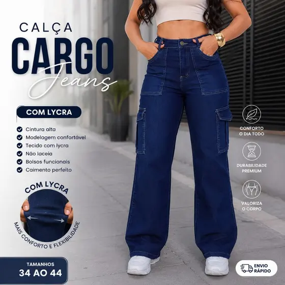 Calça Jeans Cargo Feminina Streetwear Cintura Alta com Bolsos e Rasgos - Modelo Premium