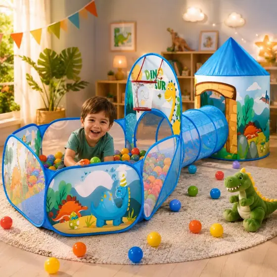 Barraca 3 em 1 Dinossauro Azul Infantil Toca Túnel e Piscina de Bolinhas