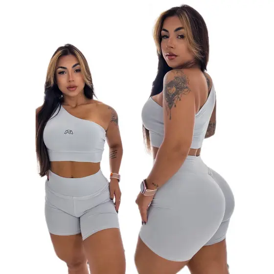 Conjunto Short Empina Bumbum Cintura alta e Top Ombro Academia Fitness Suplex