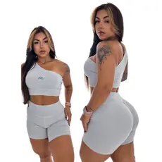 Conjunto Short Empina Bumbum Cintura alta e Top Ombro Academia Fitness Suplex