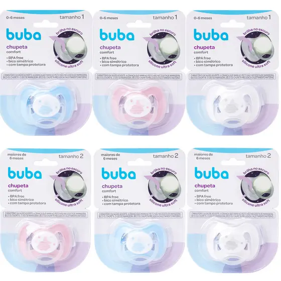Chupeta Bebe Buba Bico Simétrico Anticolica com Tampa Protetora Brilha no Escuro 0 a 6 e 6+ meses