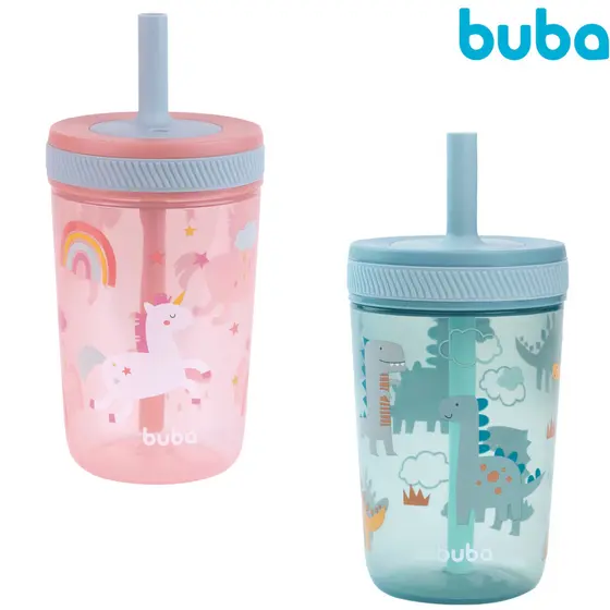 Copo Infantil com Canudo Antivazamento De Silicone 400ml Buba Magic Bebê Infantil  Menina e Menino - Unicórnio Dino