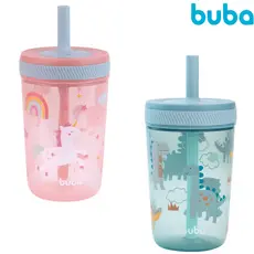 Copo Infantil com Canudo Antivazamento De Silicone 400ml Buba Magic Bebê Infantil  Menina e Menino - Unicórnio Dino