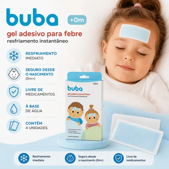Gel Adesivo para Alívio da Febre Buba Caixa com 4 unidades – Alívio Rápido e Seguro Bebe e Adulto a Base de Agua