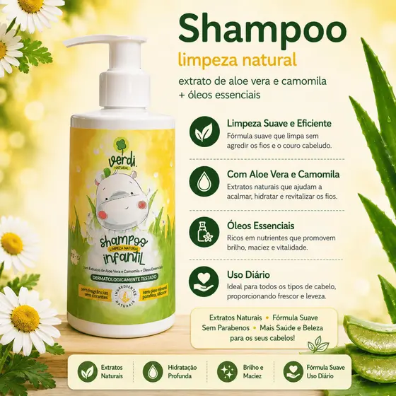 Shampoo Infantil Verdi Natural Extrato de Aloe Vera Camomila Pantenol 100% Natural Cabelos Grossos, Cacheados e Crespos