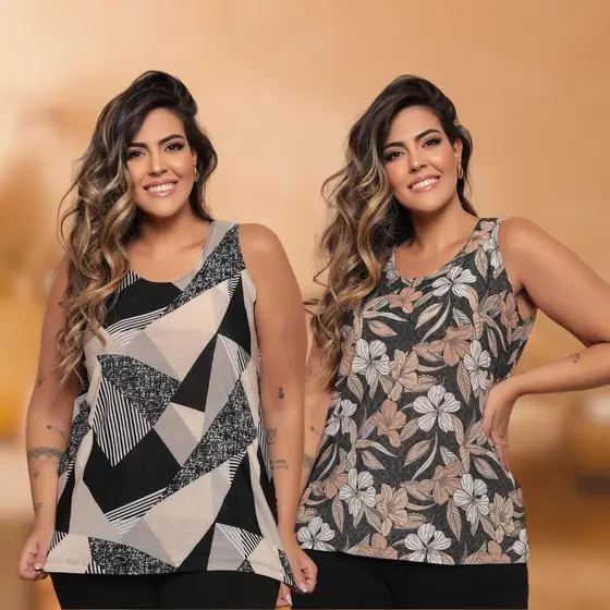 Kit 2 Blusas Regata Plus Size Estampada Casual Liganete Premium Estampa Sortida
