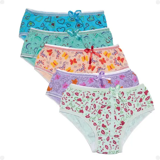 Kit 5 Calcinhas Menina Infantil Com Laço Estampada Colorida