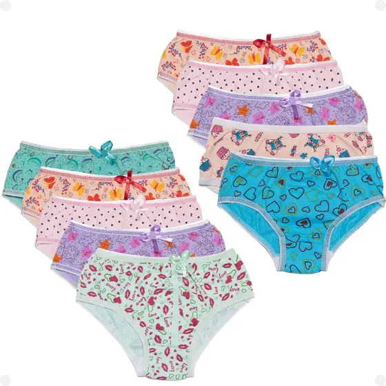 Kit 10 Calcinhas Menina Infantil Com Laço Estampada Colorida