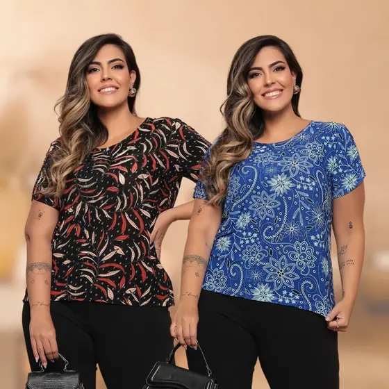 Kit 2 Blusas Plus Size Estampada Casual Manga Curta Liganete Estampa Sortida