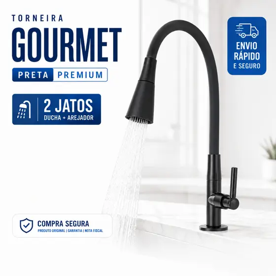 Torneira Bancada Pia Cozinha Gourmet Preta Flexível 2 Jatos 1/4 de volta para Mesa e Mármore