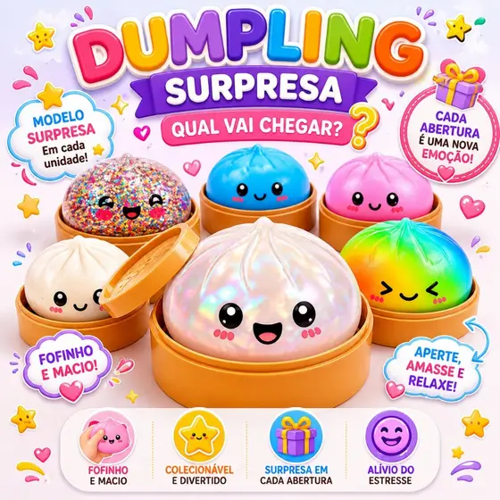 Caixa Surpresa Glitter Dumpling Squishy Antiestresse Paozinho Chines