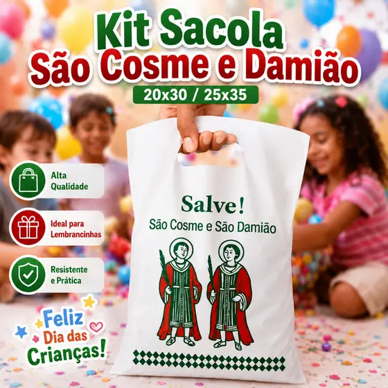 Kit 100/200 Sacolas Plásticas São Cosme e Damião 20x30/25x35 com Alça para Doces, Festas e Doações Dia das Crianças