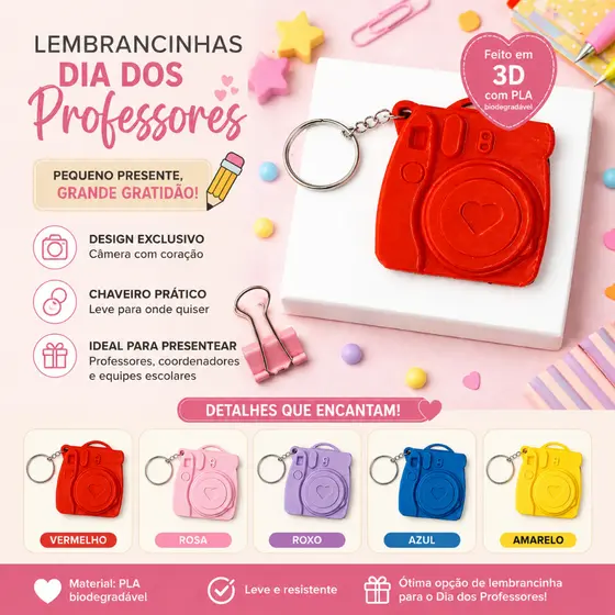 Chaveiro Câmera Polaroid Personalizado com Foto 3D Presente para Professores