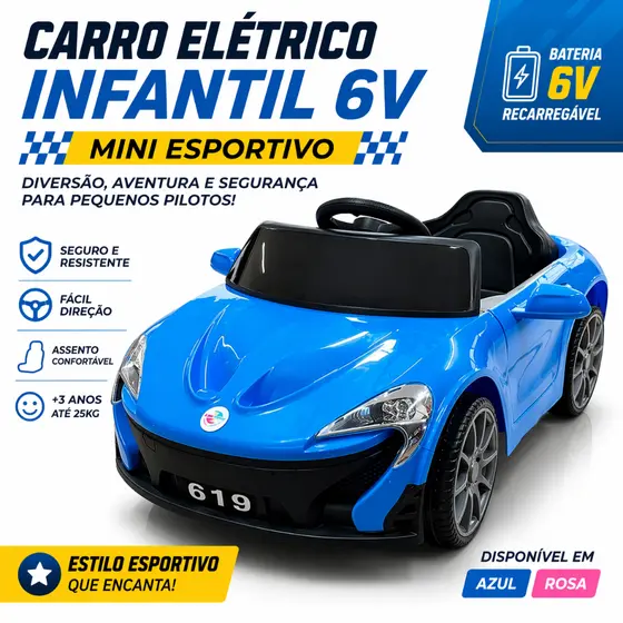 Carro Elétrico Infantil 6V Mini Esportivo Estilo McLaren Azul/Rosa Bateria Recarregável Seguro +3anos
