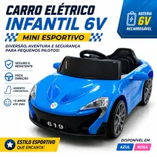 Carro Elétrico Infantil 6V Mini Esportivo Estilo McLaren Azul/Rosa Bateria Recarregável Seguro +3anos